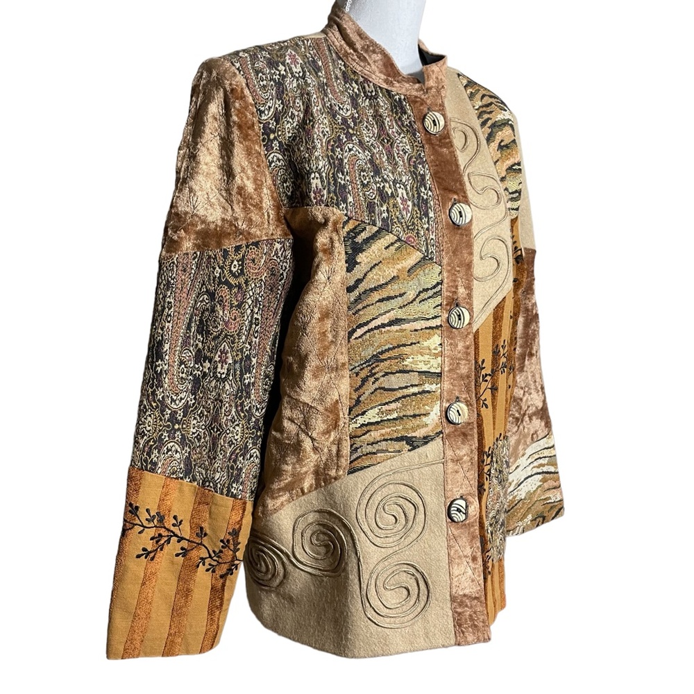 Patchwork Tapestry Jacket L Button-Up Coat Wool B… - image 5